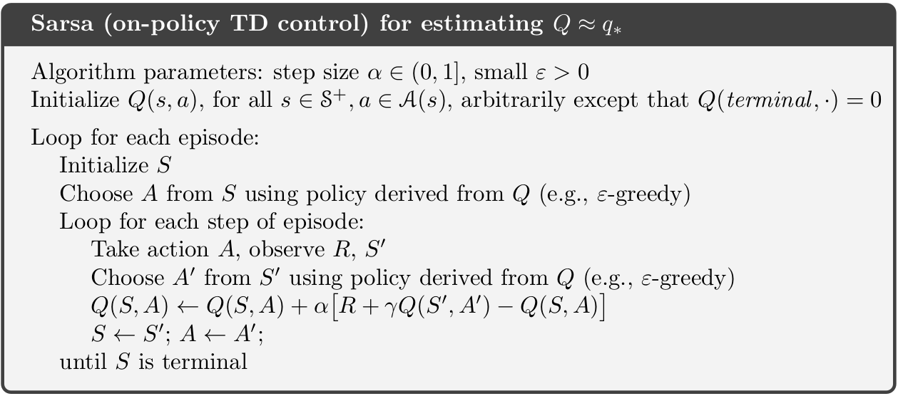 SARSA - On-policy GPI using TD [@Sutton18].